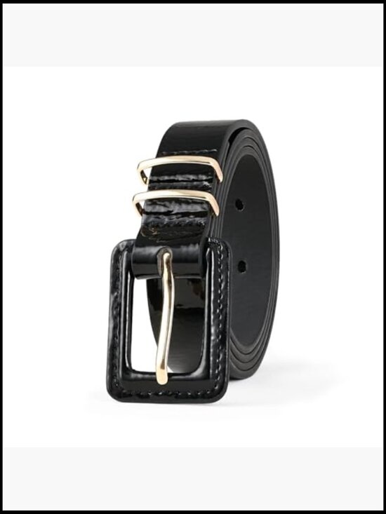 Patent Leather Belt with Square Buckle Gold Accents Adjustable Skinny main image 6